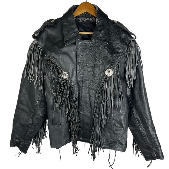 ジャケット・アウター leather fringe concho blouson black XL Vintage Black Fringe Leather Motorcycle Jacket - Tassle
